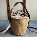 SMALL WOODY BASKET 17 IN NATURAL FIBERS BROWN WEBBING DARK BROWN CALFSKIN