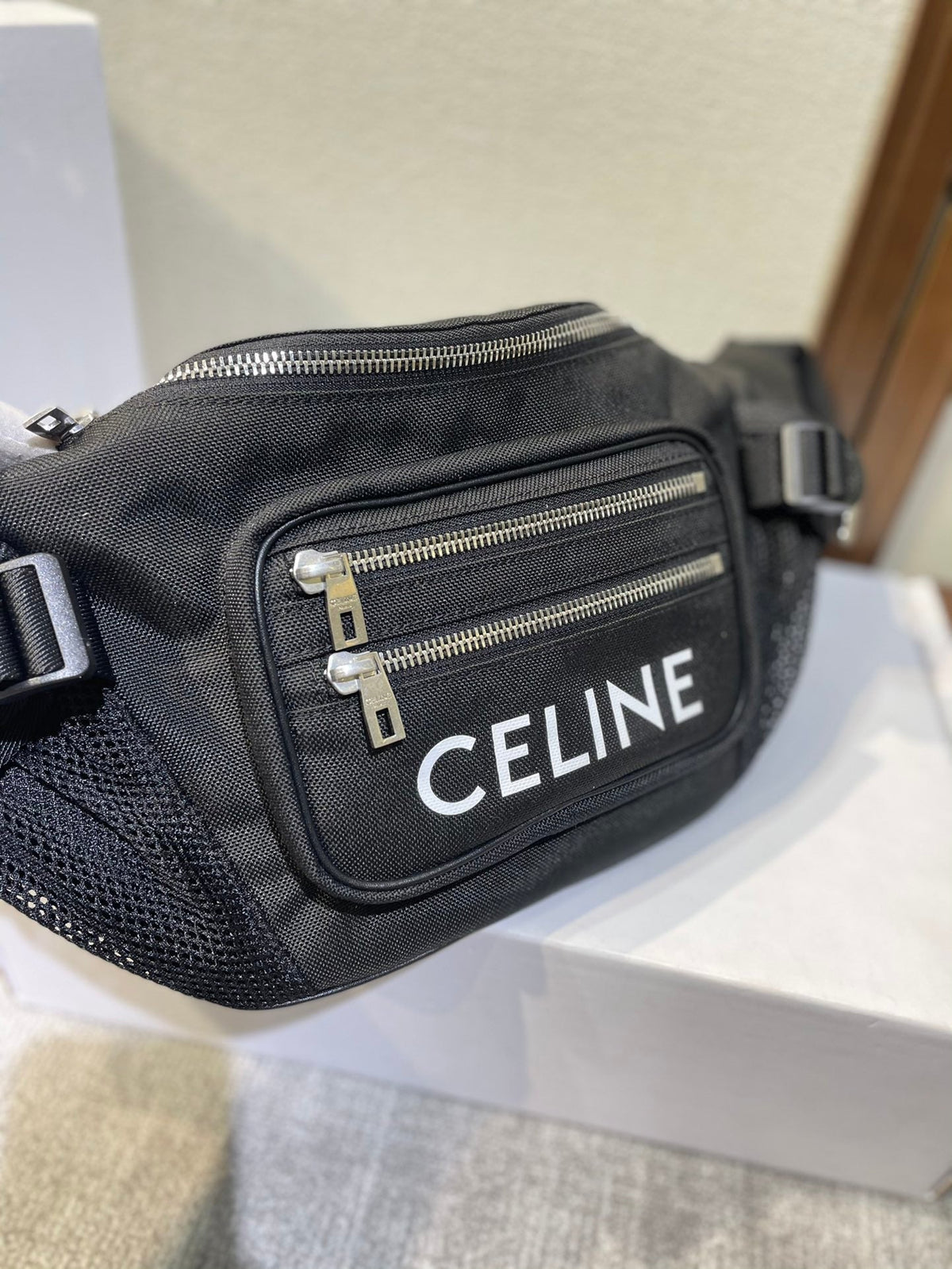 TREKKING BELT BAG 43 IN BLACK NYLON WITH CELINE PRINT