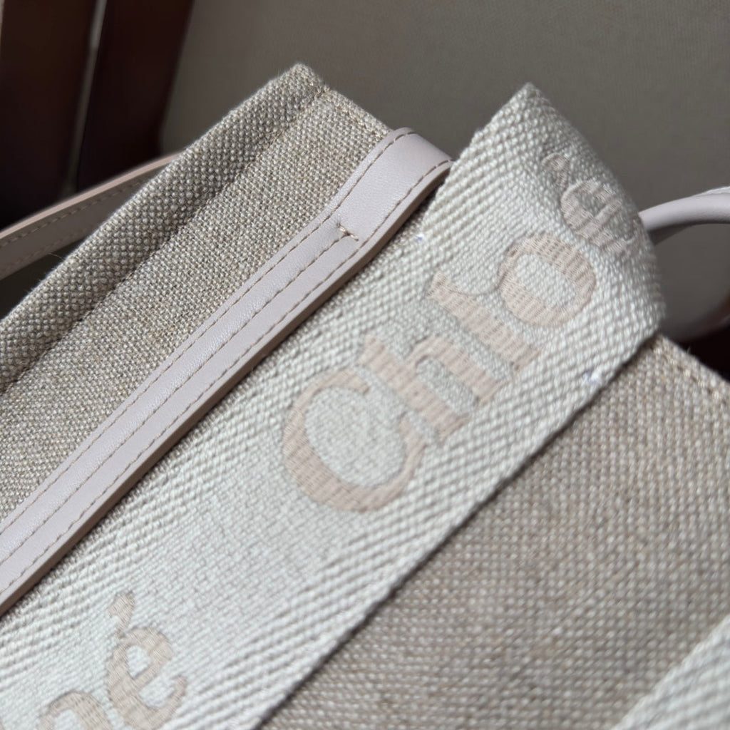 SMALL WOODY TOTE BAG 26.5 IN BEIGE LINEN CANVAS WEBBING LOGO EMBROIDER COTTON WHITE CALFSKIN