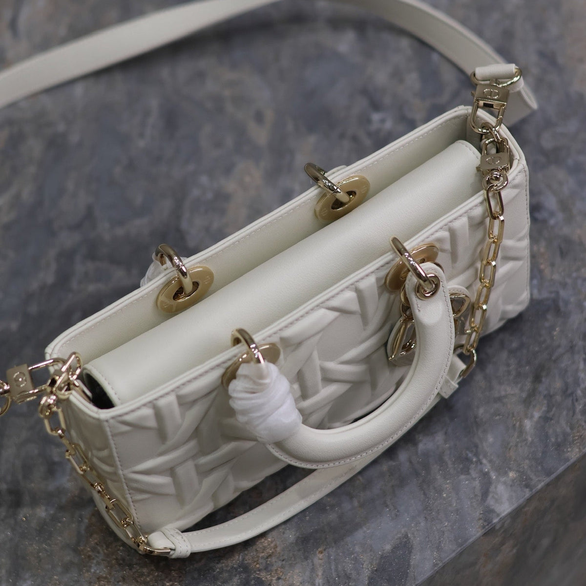 LADY D-JOY BAG 26 IN WHITE GRAPHIC CANNAGE CALFSKIN PALE GOLD-FINISH METAL CHARMS