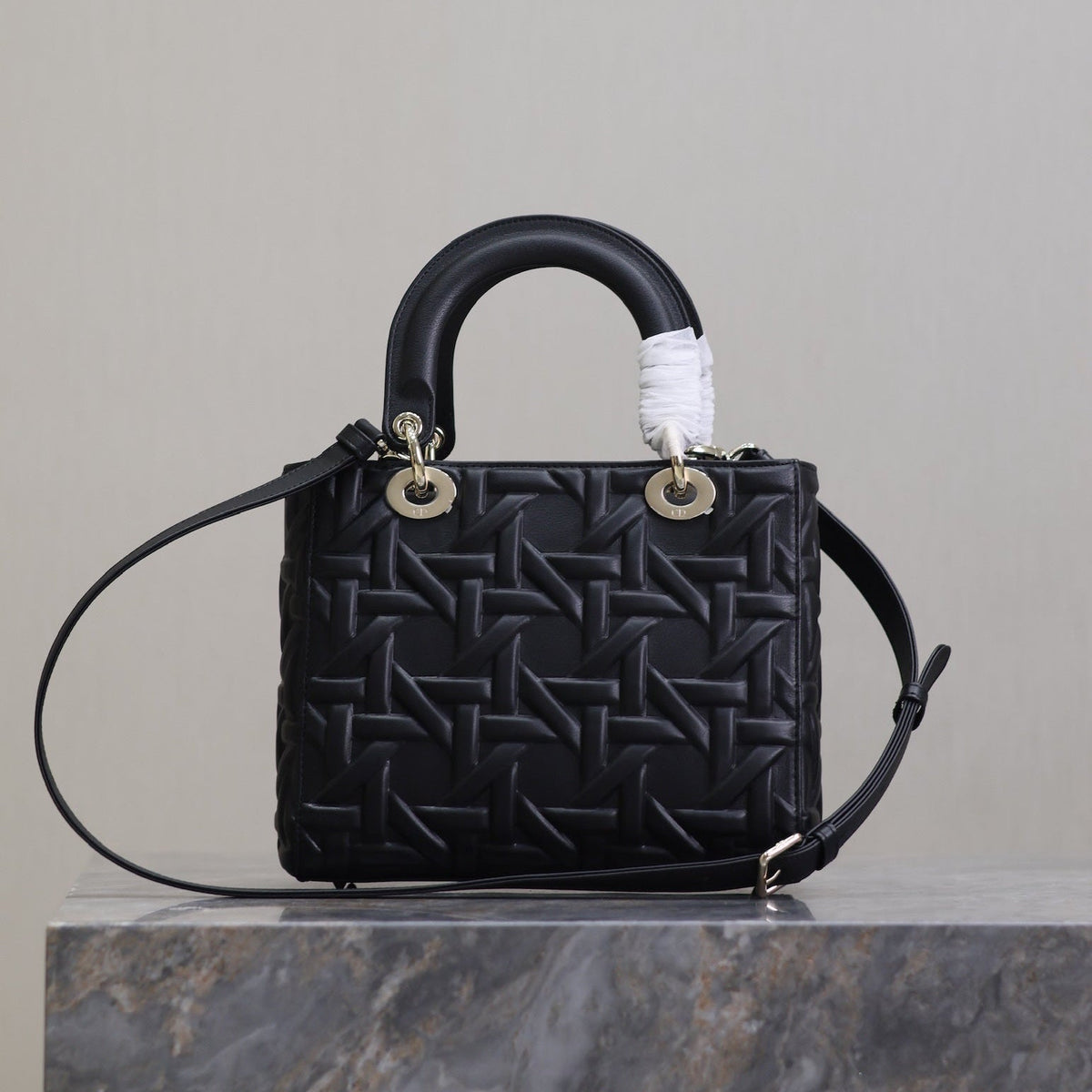 LADY BAG 24 IN BLACK GRAPHIC CANNAGE CALFSKIN PALE GOLD-FINISH METAL CHARMS