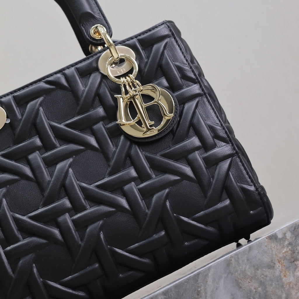 LADY BAG 24 IN BLACK GRAPHIC CANNAGE CALFSKIN PALE GOLD-FINISH METAL CHARMS