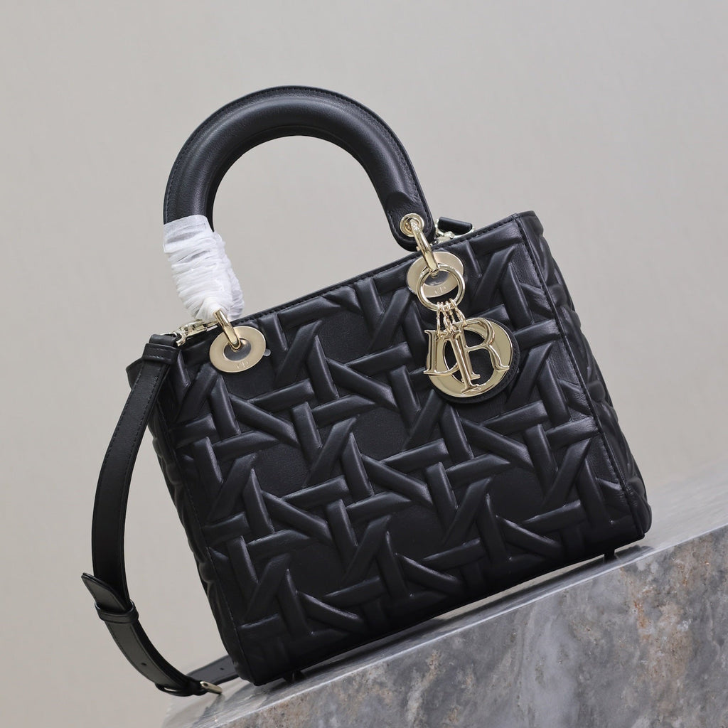 LADY BAG 24 IN BLACK GRAPHIC CANNAGE CALFSKIN PALE GOLD-FINISH METAL CHARMS