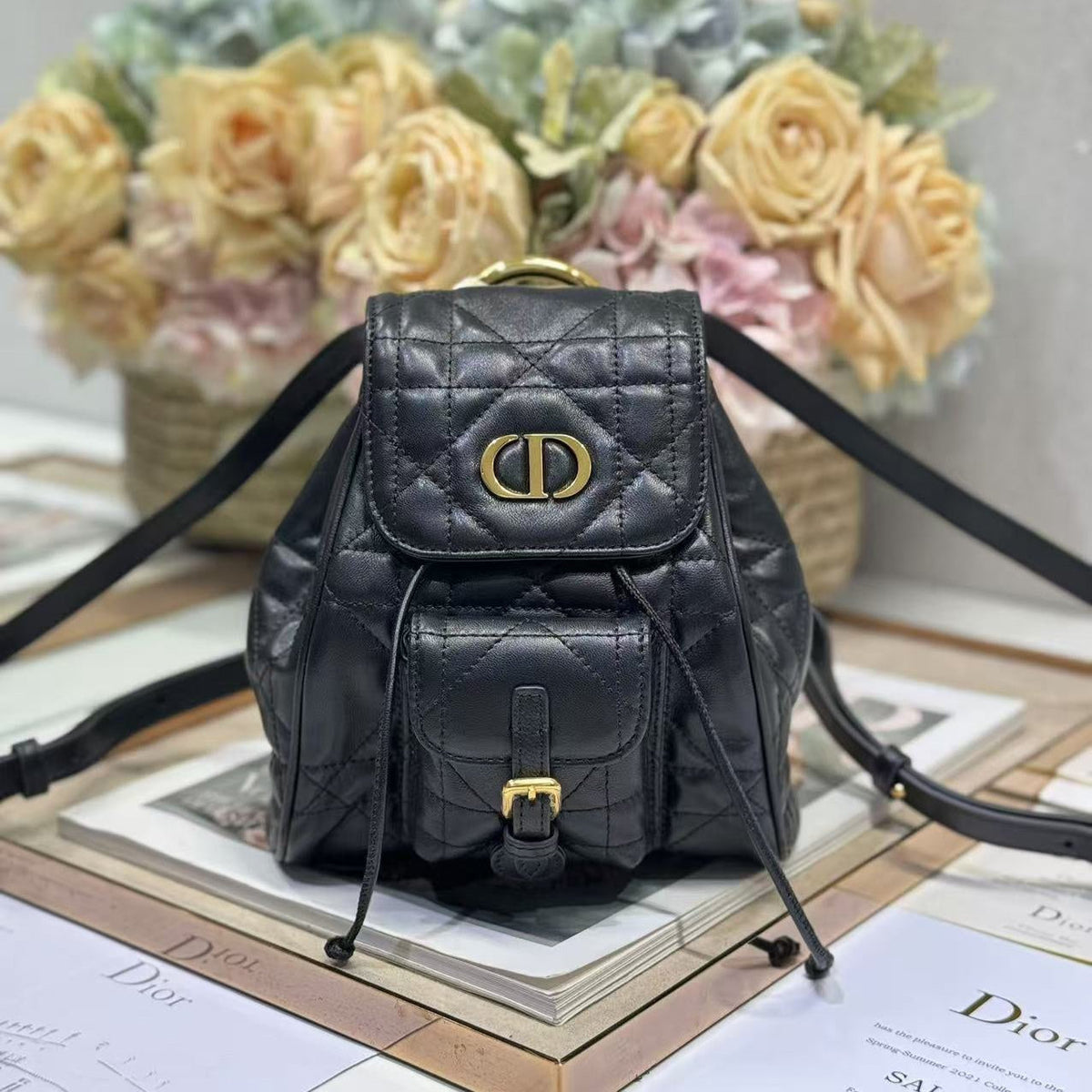 SMALL CARO BACKPACK 20 IN BLACK MACROCANNAGE LAMBSKIN