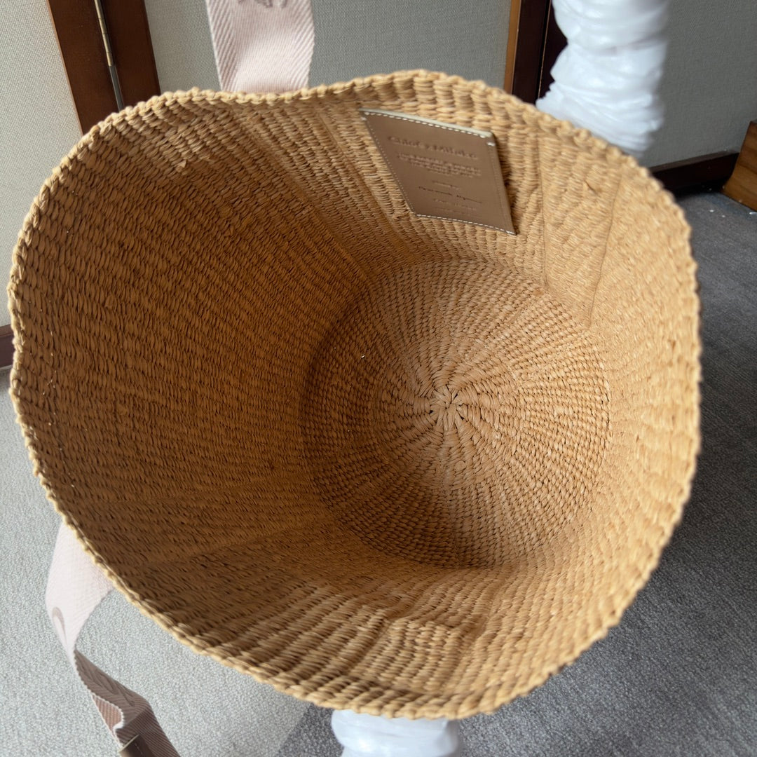 LAGRE WOODY TOTE BAG 48 IN NATURAL FIBERS BLUSHY BEIGE WEBBING LOGO EMBROIDER BROWN CALFSKIN